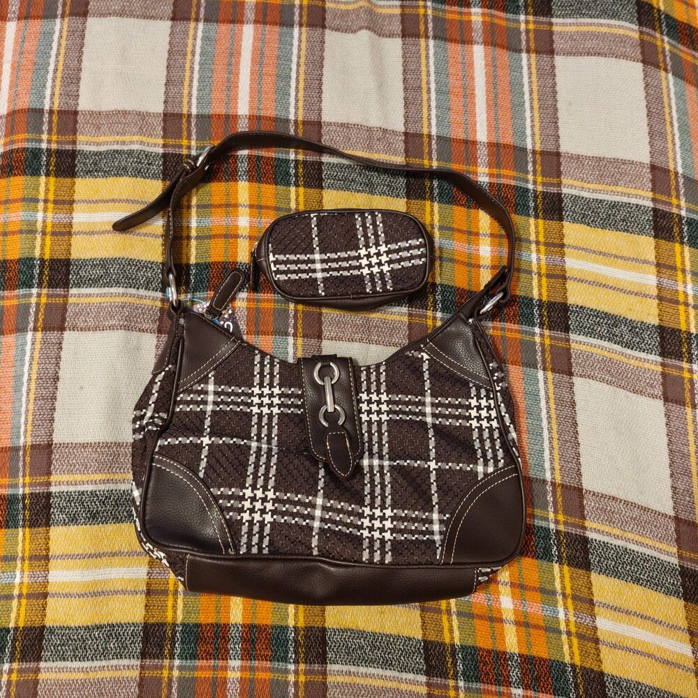 Croft & Barrow Brown and White Plaid Shoulder Bag with Matching Pouch. EUC
